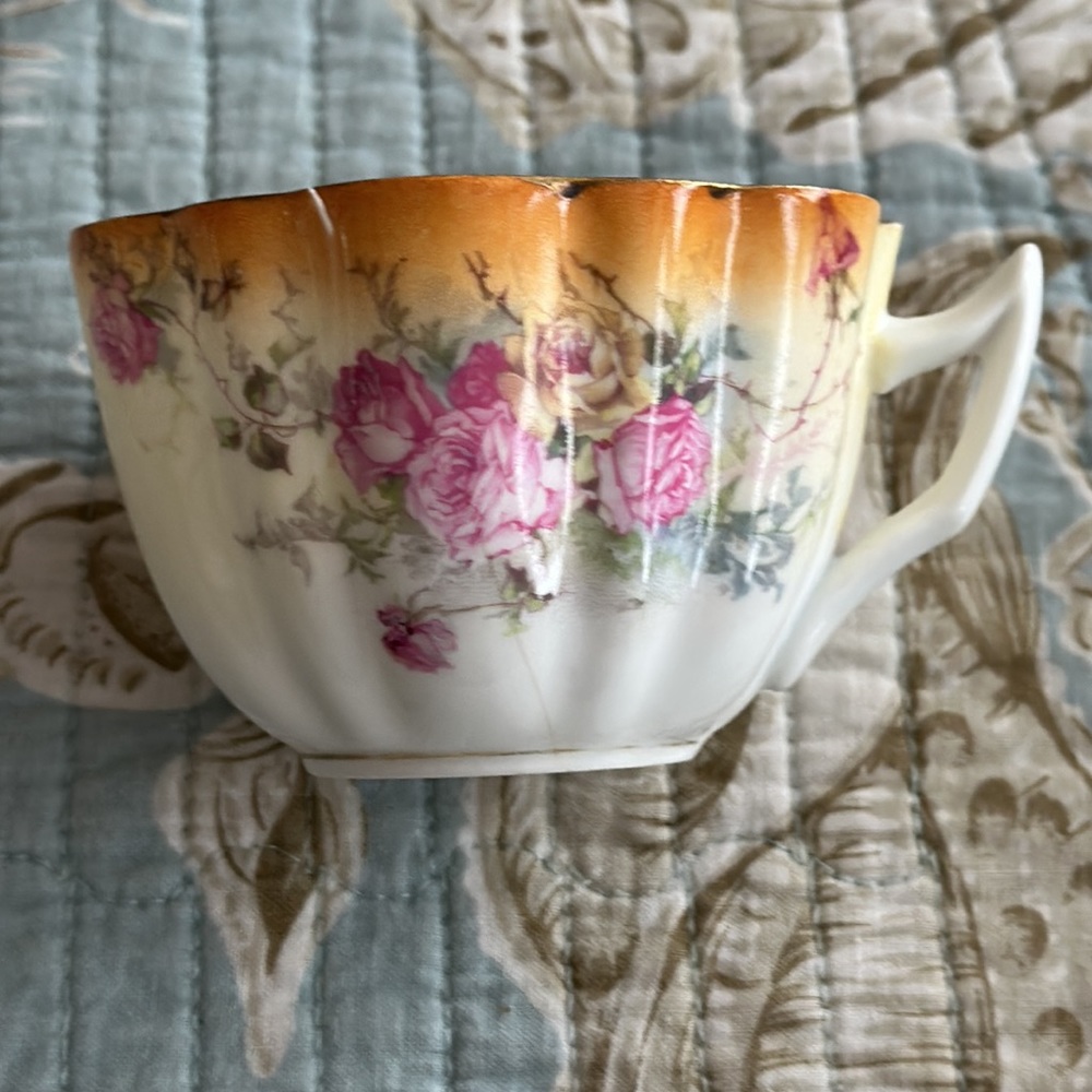 little hand painted tea cup German roses and tendrils stamped